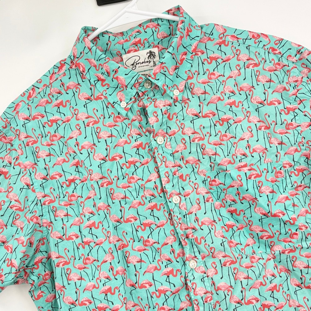 Bonobos Mens Slim Fit Flamingo Print Short Sleeve Button Down Shirt Teal Large